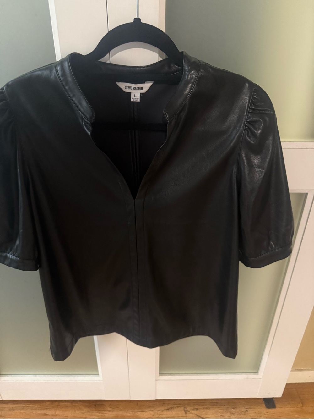 Steve Madden Black Faux Leather Short Sleeve Top with Notch Neck